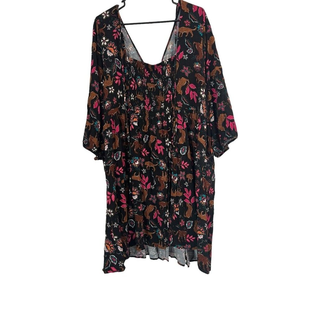 Torrid Dress Size 4 Black Floral Cheetah Long Sleeve Ruched Back Cottagecore